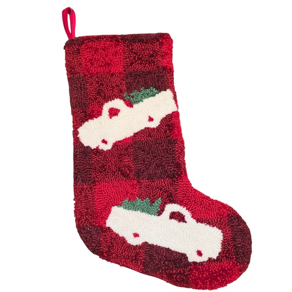 Red Buffalo Plaid Christmas Stocking White Truck Tree‎ Holiday Decor 18"
